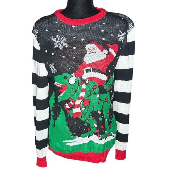Well Worn size xl Ugly Christmas sweater Santa Claus riding a dinosaur - Picture 1 of 3
